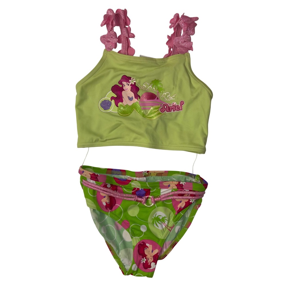 Vintage Y2K Disney Ariel The Little Mermaid 2 Piece Swimsuit Green Pink 4T As Is